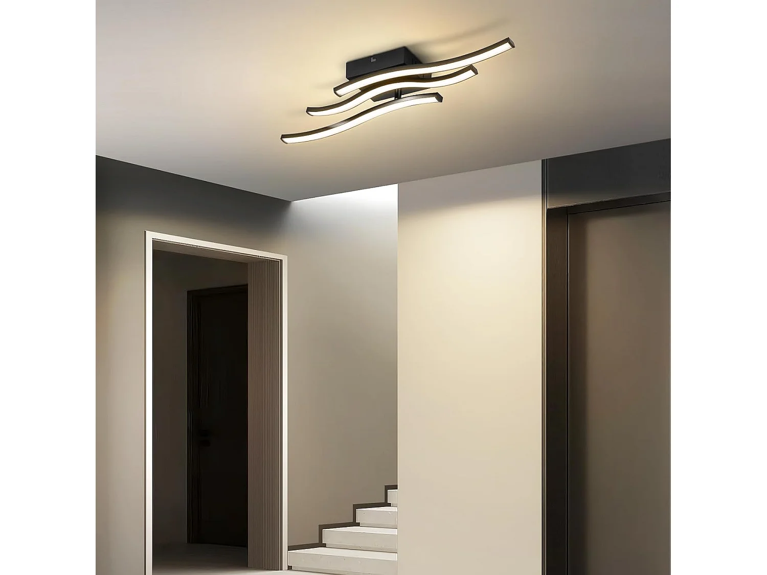 ZMH Plafonnier LED 18W Noir Design Vague 3000K Blanc Chaud Pour Salon Chambre Cuisine Couloir