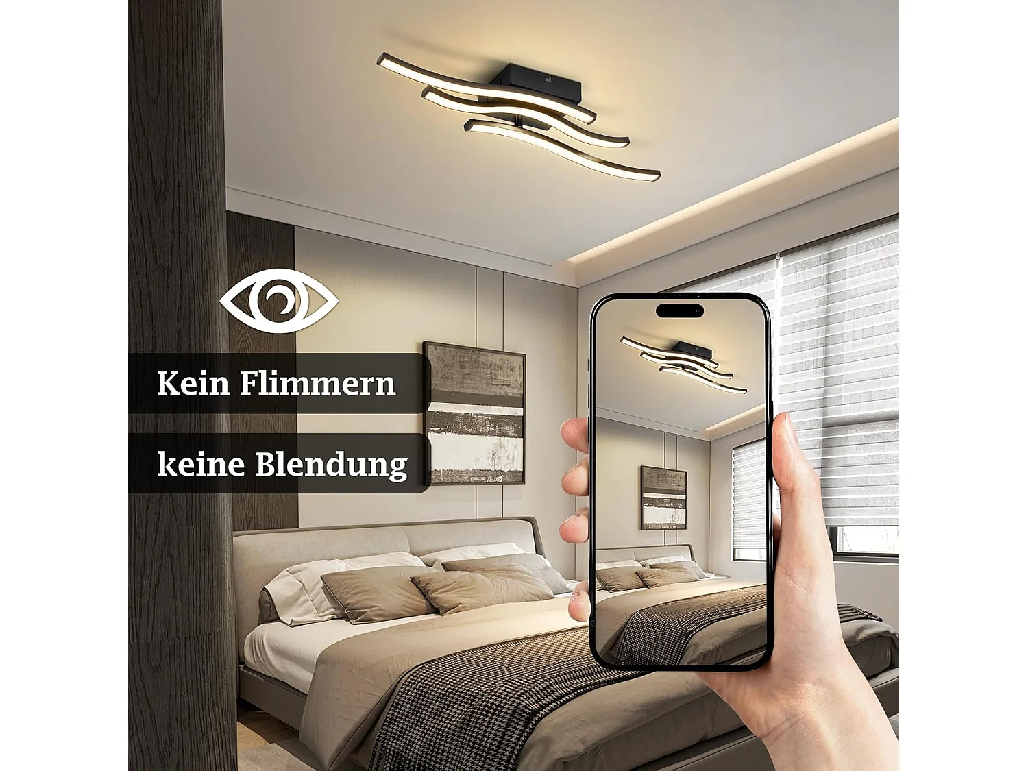 ZMH Plafonnier LED 18W Noir Design Vague 3000K Blanc Chaud Pour Salon Chambre Cuisine Couloir