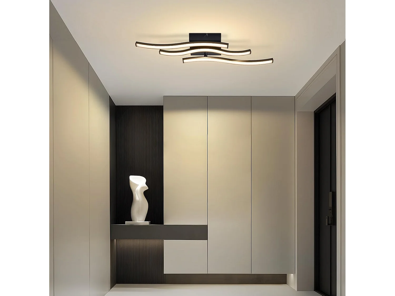 ZMH Plafonnier LED 18W Noir Design Vague 3000K Blanc Chaud Pour Salon Chambre Cuisine Couloir