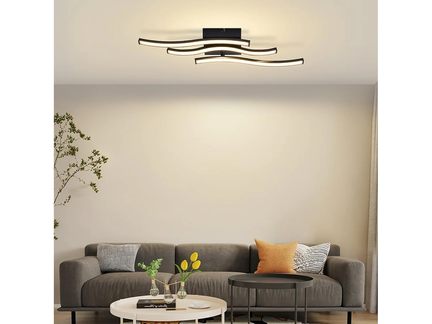 ZMH Plafonnier LED 18W Noir Design Vague 3000K Blanc Chaud Pour Salon Chambre Cuisine Couloir