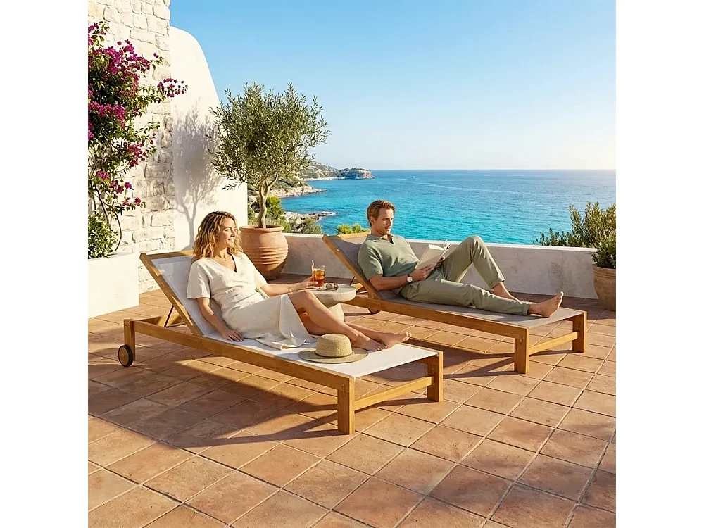 Tempo Style - Set 2 Lettini Prendisole Java in Legno Teak con Ruote  –  Beige
