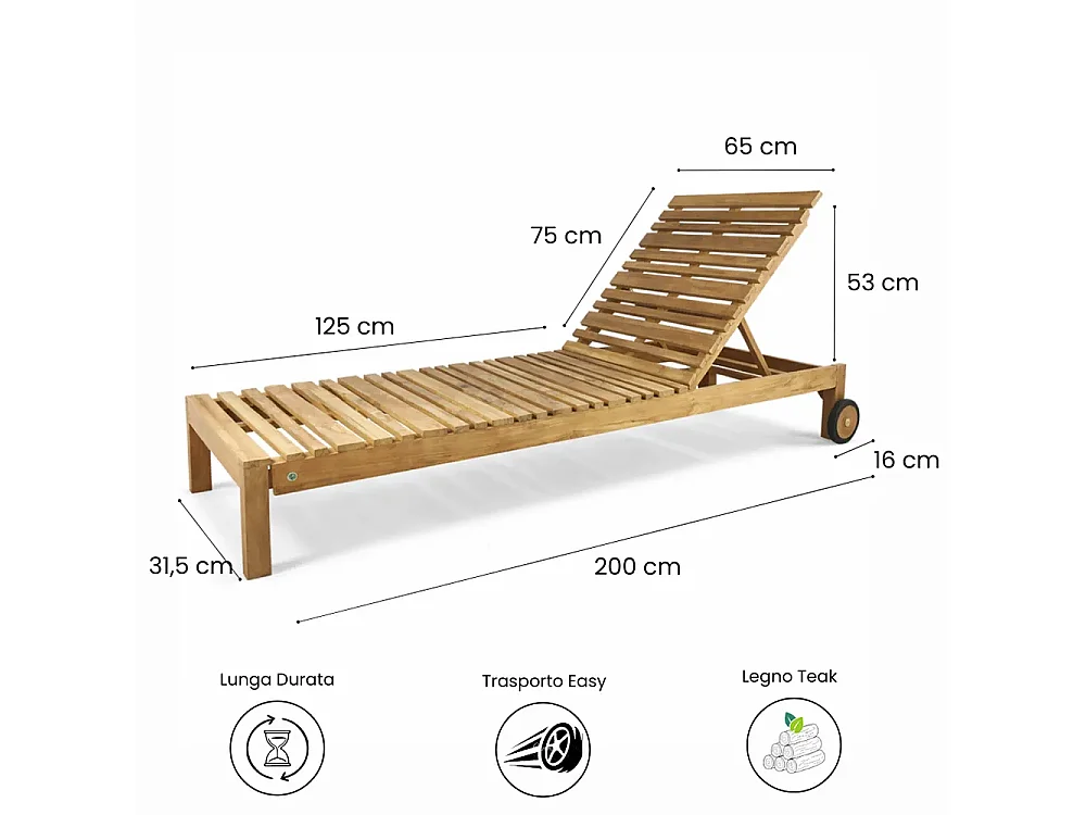 Tempo Style - Lettino Prendisole con Schienale Regolabile in Legno Teak Elafonisi