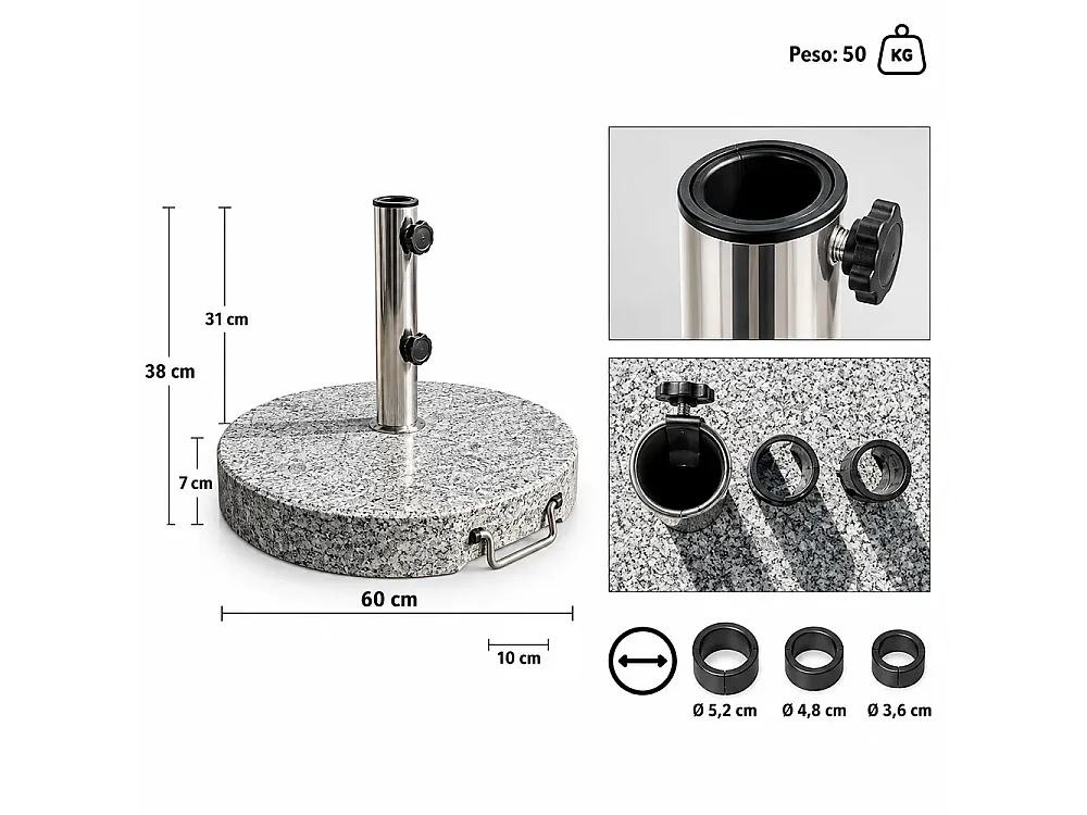 Tempo Style - Pied de parasol effet granit avec roulettes et poignée | Support central pour parasol, réducteurs pour mâts de Ø 52, 48 et 36 mm