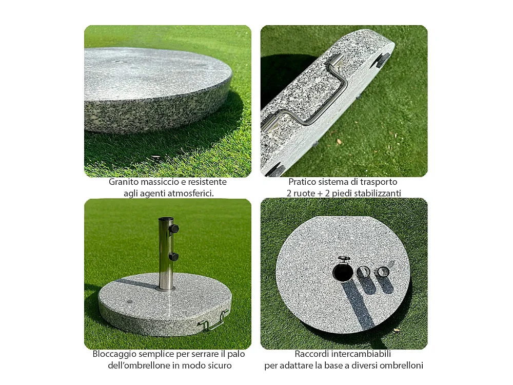 Tempo Style - Pied de parasol effet granit avec roulettes et poignée | Support central pour parasol, réducteurs pour mâts de Ø 52, 48 et 36 mm