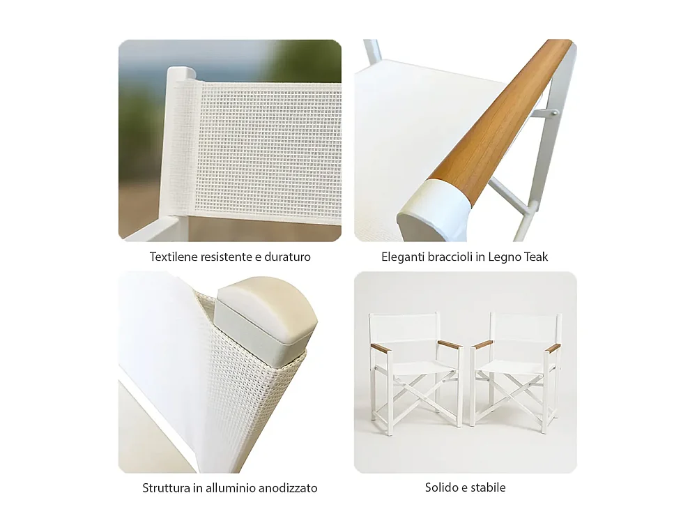 Tempo Style - Set 2 Sedie Regista Pieghevoli FELLINI | Struttura in Alluminio e Textilene Verniciata a Polvere con Inserti Legno | 87 x 56 x 45cm