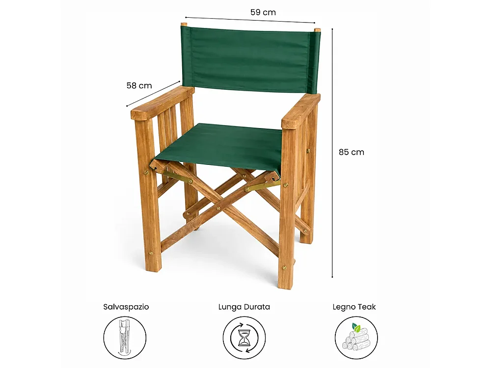 Tempo Style - Sedia Regista pieghevole Cannes in Legno Teak e Tela Verde