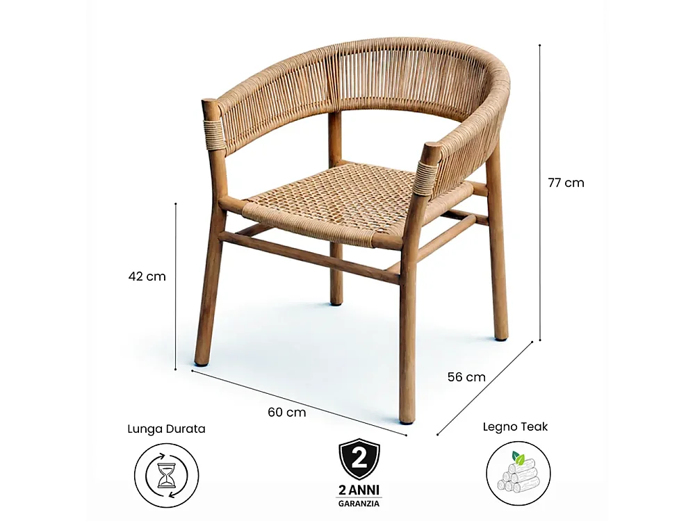 Tempo Style - Set 2 Sedie da Giardino in Legno Teak con Rattan Intrecciato ARUNA | Poltrona Outdoor Ergonomica con Braccioli | 62 x 58 x 77cm