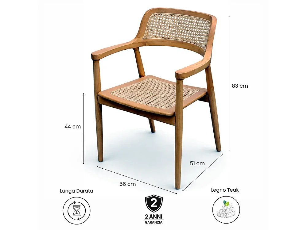 Tempo Style - Set 2 Sedie da Giardino in Legno Teak con Braccioli MALACCA | Seduta e Schienale in Rattan Naturale | 58 x 59 x 83cm