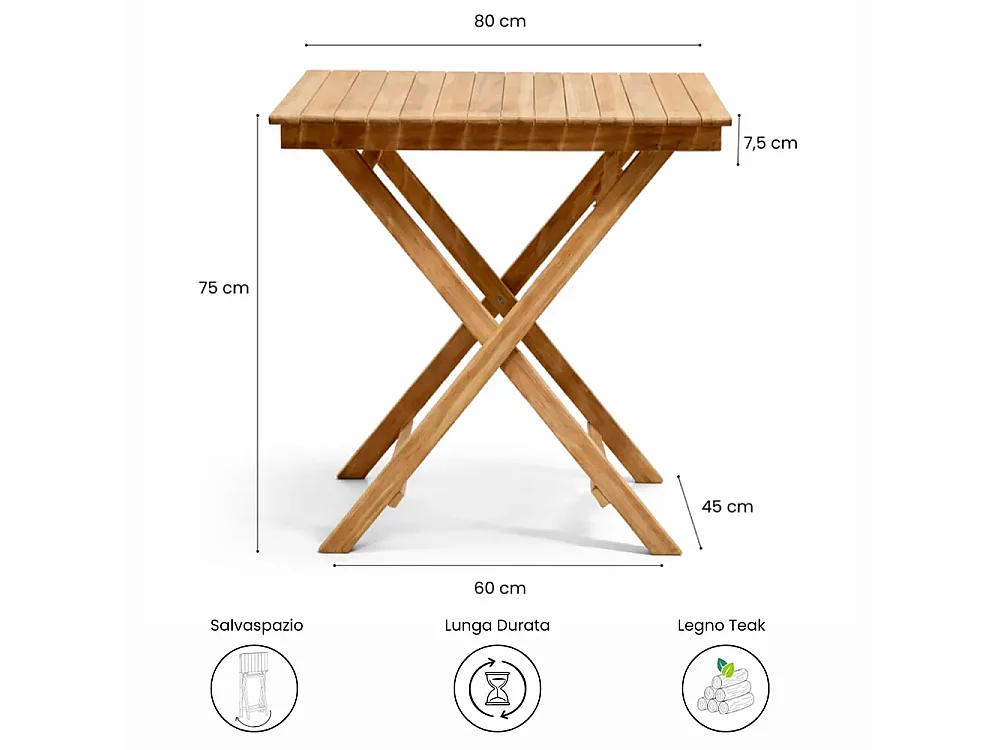 Tempo Style - Tavolo Pieghevole 80×80 cm in Teak per Esterno Burraco