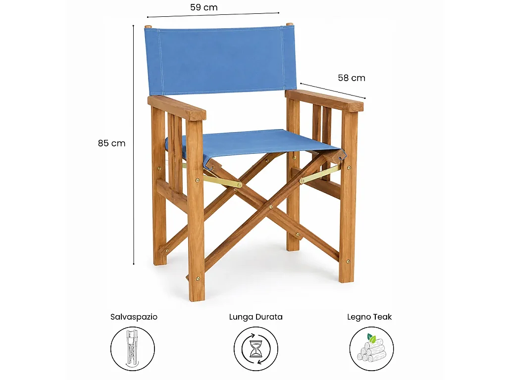 Tempo Style - Sedia Regista pieghevole Cannes in Legno Teak e Tela Azzurra
