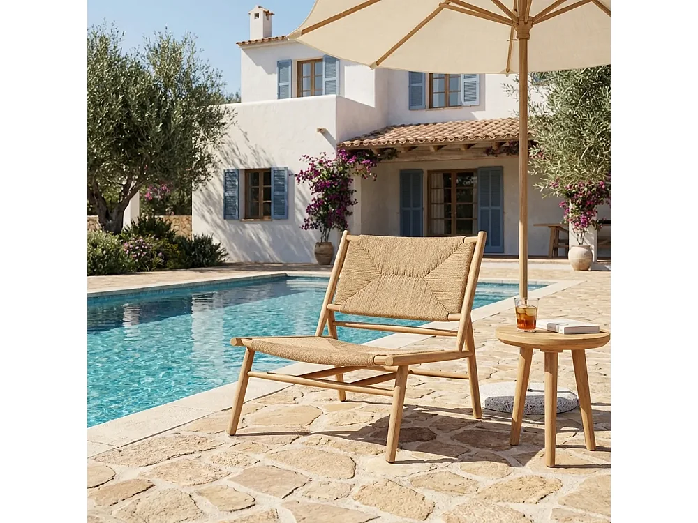 Tempo Style - Sedia da Giardino in Legno Teak KORA | Poltrona Outdoor con Intreccio in Corda | Sedia da Esterno per Terrazzo e Giardino | 85x55x56 cm