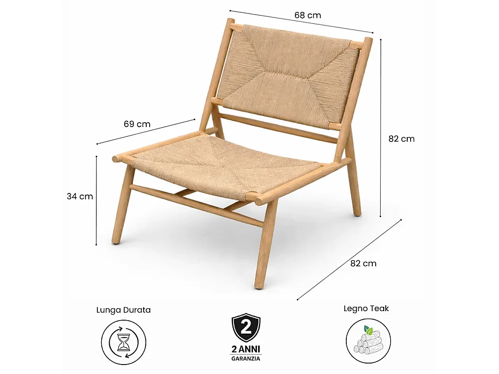 Tempo Style - Sedia da Giardino in Legno Teak KORA | Poltrona Outdoor con Intreccio in Corda | Sedia da Esterno per Terrazzo e Giardino | 85x55x56 cm