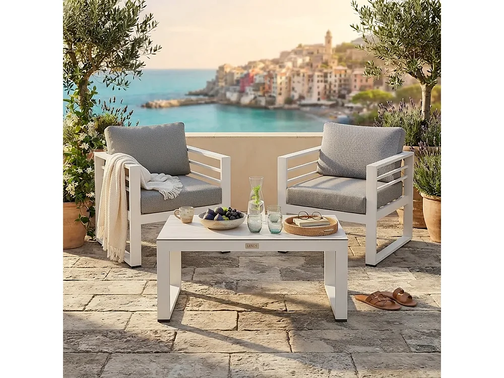 Tempo Style - Poltrone e Tavolino da Giardino 2 Posti LEROS | Poltrone da Esterno in Alluminio Verniciato con Cuscini Sfoderabili | 72 x 65 x 76 cm