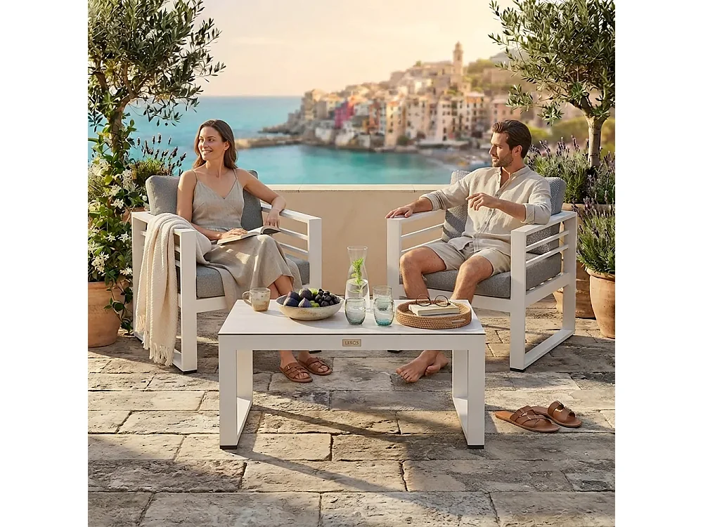 Tempo Style - Poltrone e Tavolino da Giardino 2 Posti LEROS | Poltrone da Esterno in Alluminio Verniciato con Cuscini Sfoderabili | 72 x 65 x 76 cm