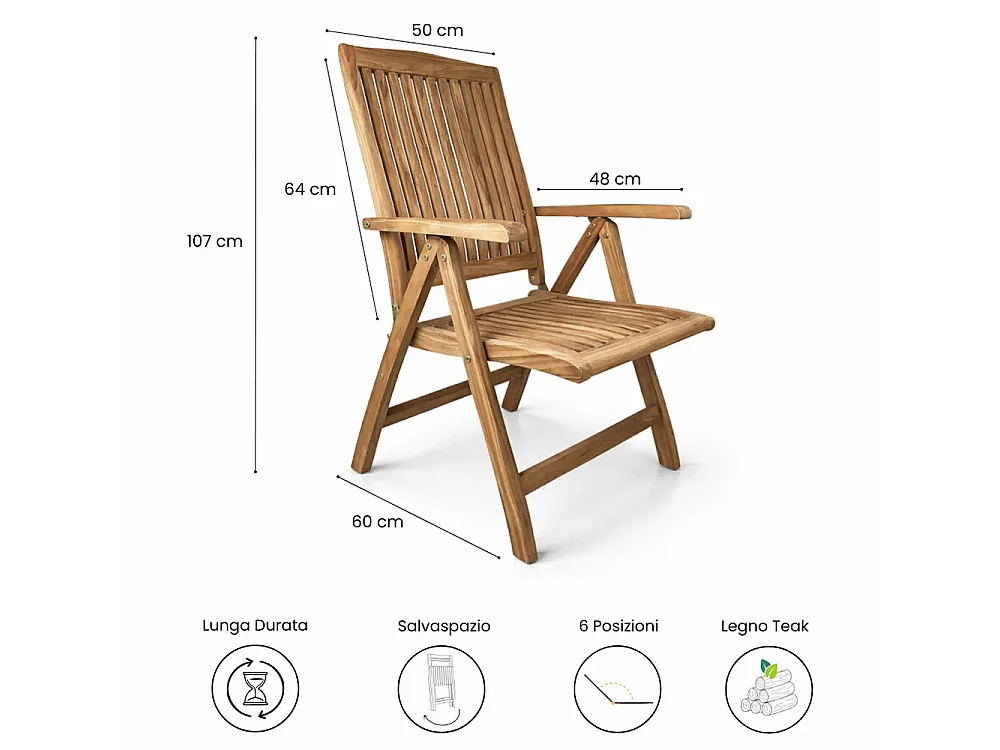 Tempo Style - Sedia Pieghevole con Braccioli in Teak Bali