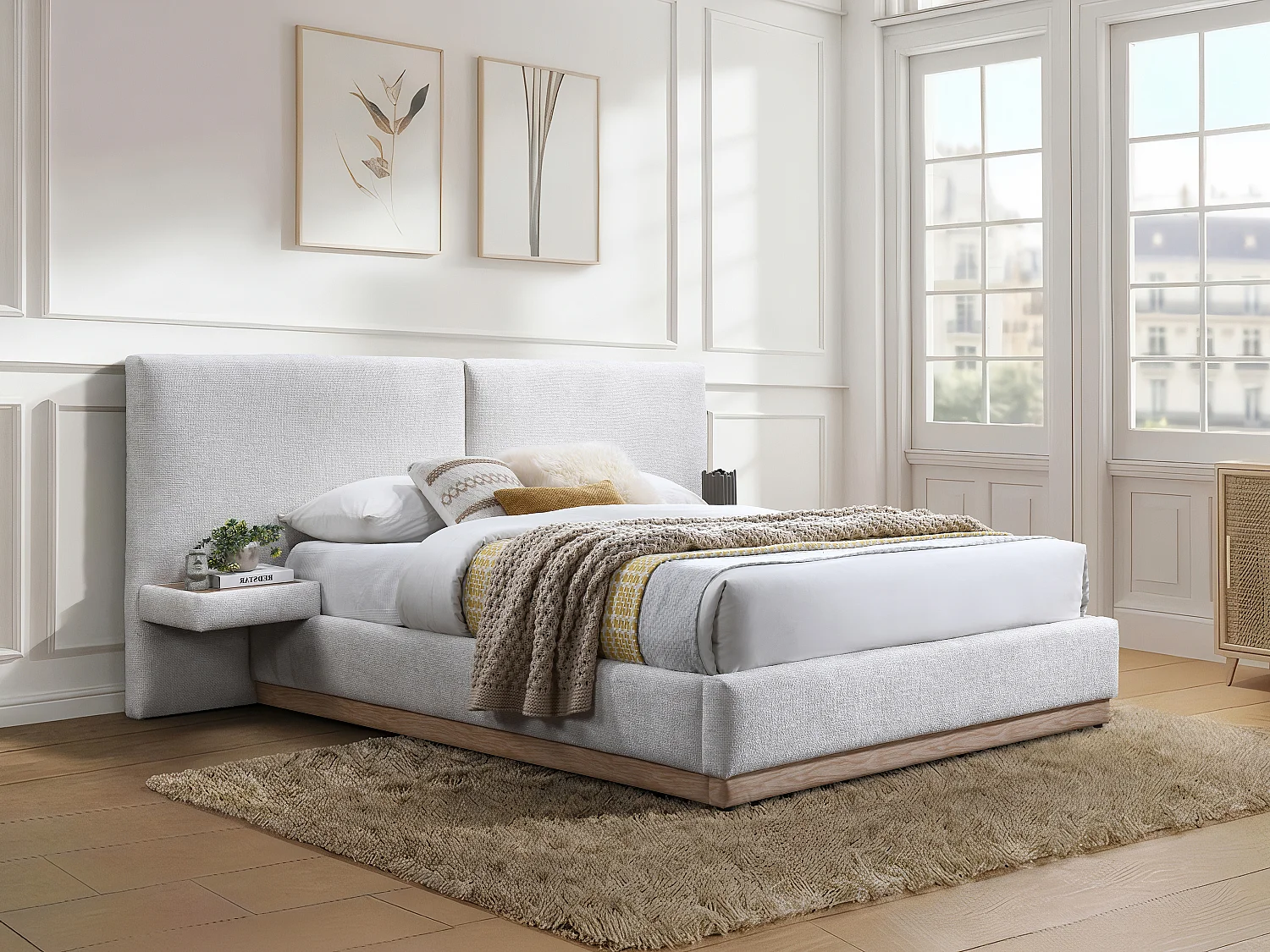 Letto con contenitore con comodini 160 x 200 cm - Tessuto Testurizzato - Beige + Materasso - MORIVALO di Maison Céphy
