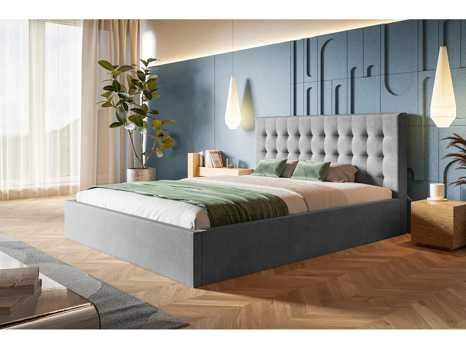 Lit 120x200 - Lit Coffre de Rangement Moderne - Cadre en Bois - Tissu Jasmin doux - Collection Rio, Gris