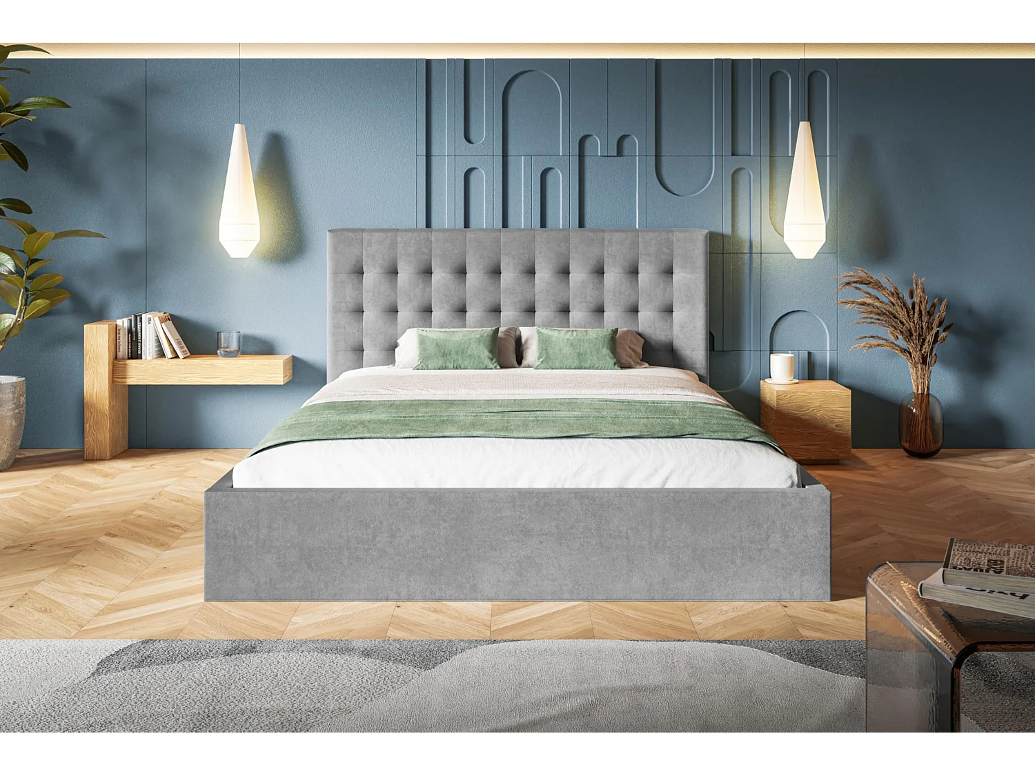 Lit 120x200 - Lit Coffre de Rangement Moderne - Cadre en Bois - Tissu Jasmin doux - Collection Rio, Gris