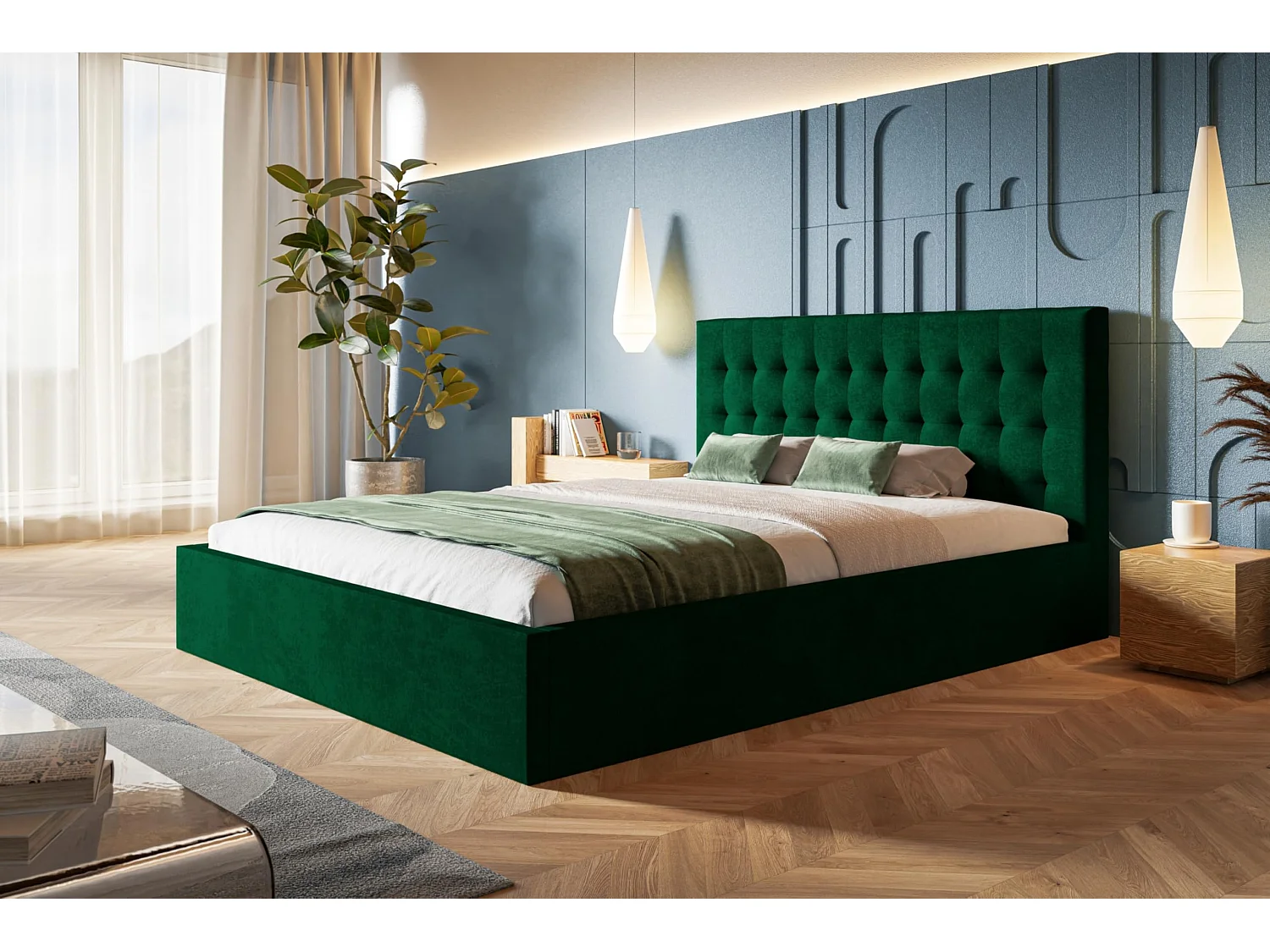 Lit 120x200 - Lit Coffre de Rangement Moderne - Cadre en Métal - Tissu lisse kronos - Collection Rio, Vert