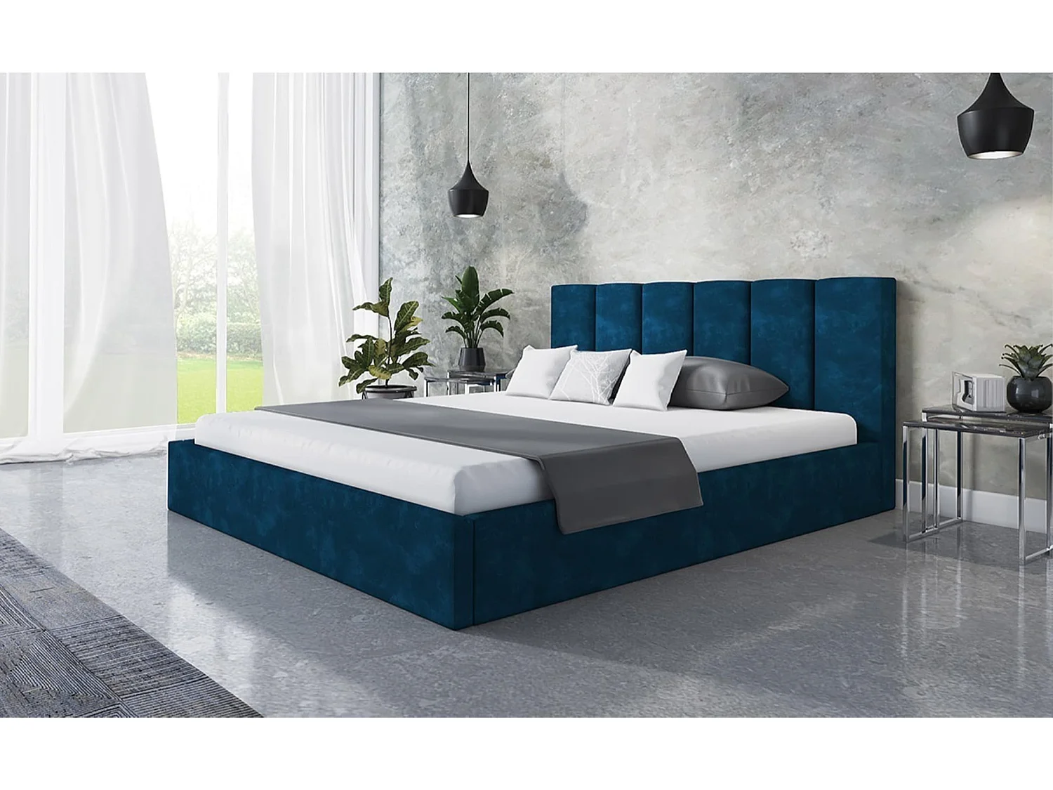 Lit 120x200 - Lit Coffre de Rangement Moderne - Cadre en Métal - Tissu Kronos Lisse - Collection Tokio - Bleu