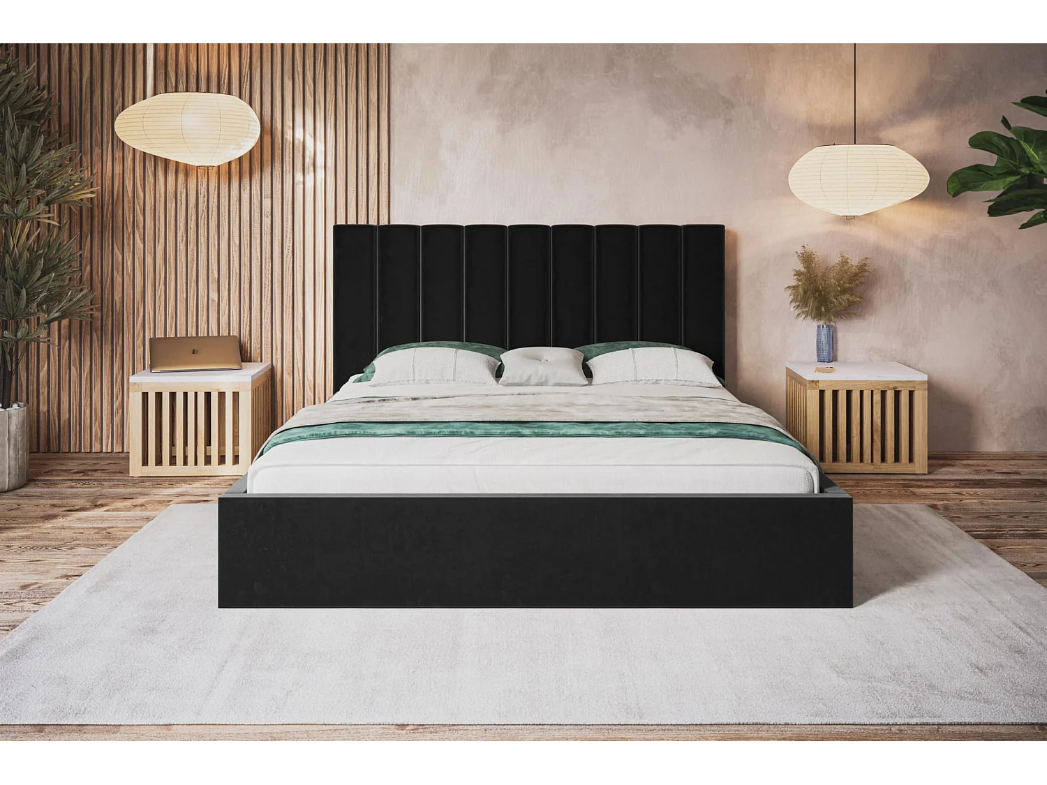 Lit 120x200 - Lit Coffre de Rangement Moderne - Cadre en Bois - Modern Betten Jasmin doux - Collection Sapporo - Noir