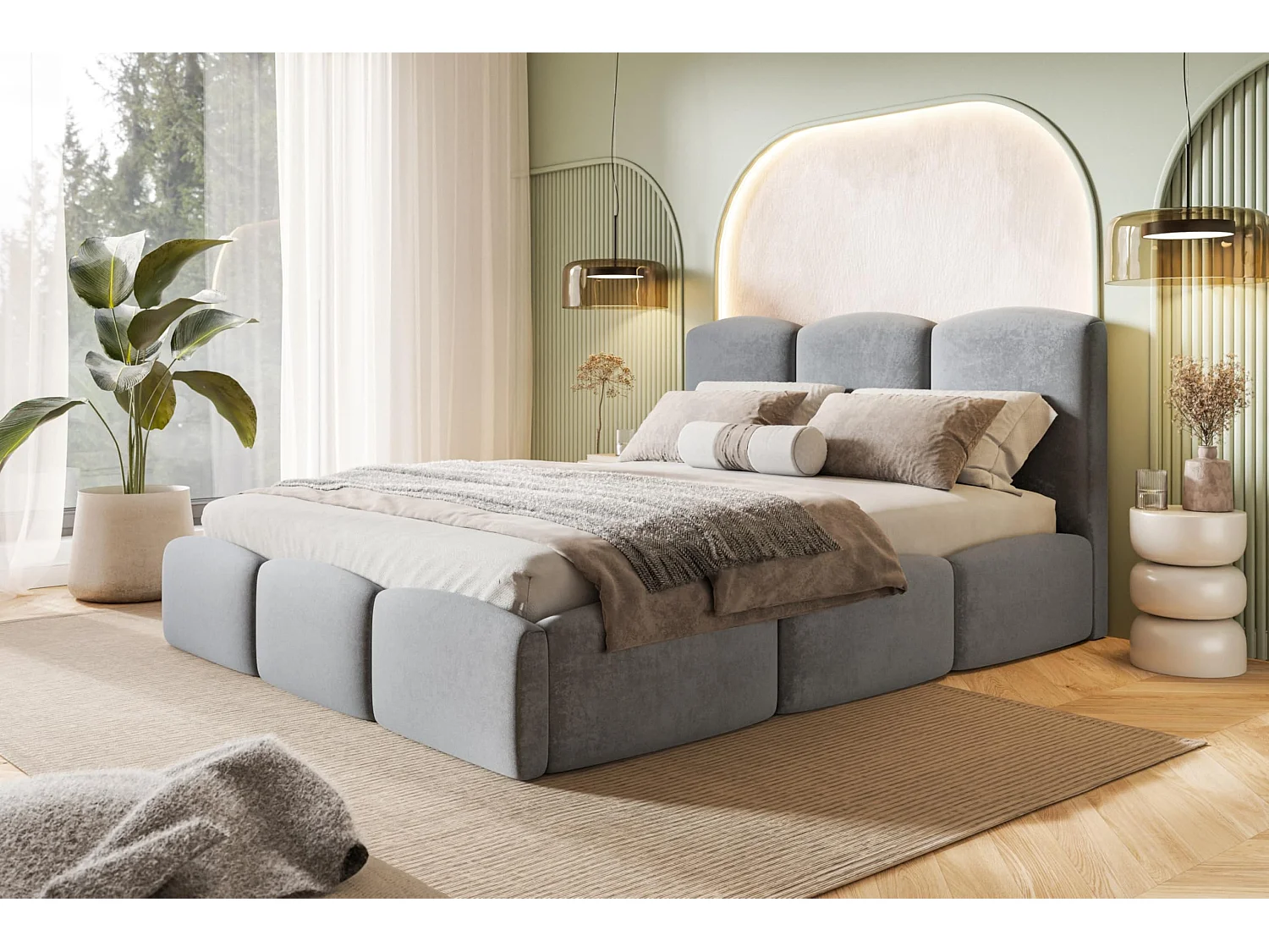 Lit 120x200 - Lit Coffre de Rangement Moderne - Cadre en Bois - Tissu Jasmin Doux - Collection Zoya - Gris