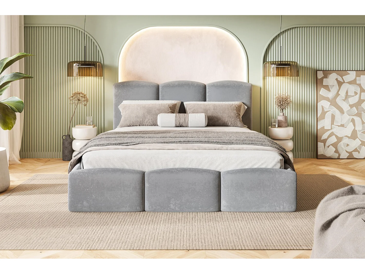 Lit 120x200 - Lit Coffre de Rangement Moderne - Cadre en Bois - Tissu Jasmin Doux - Collection Zoya - Gris