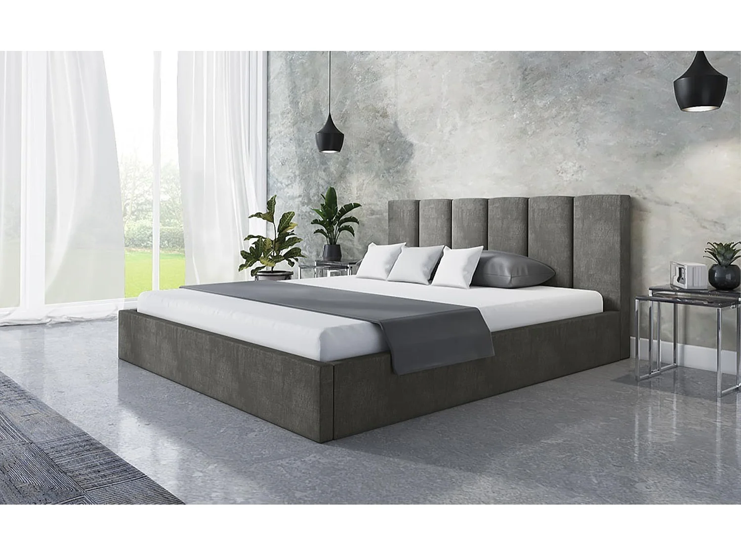 Lit 120x200 - Lit Coffre de Rangement Moderne - Cadre en Métal - Tissu Jasmin doux - Collection Tokio - Gris Foncé