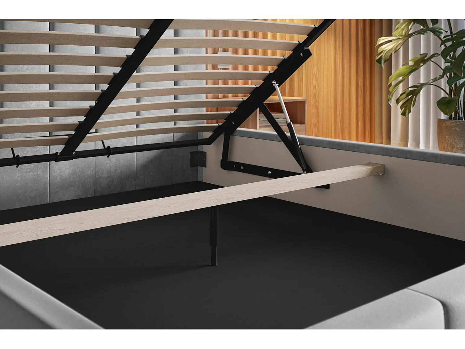 Lit 120x200 - Lit Coffre de Rangement Moderne - Cadre en Métal - Tissu Jasmin doux - Collection Tokio - Gris Foncé