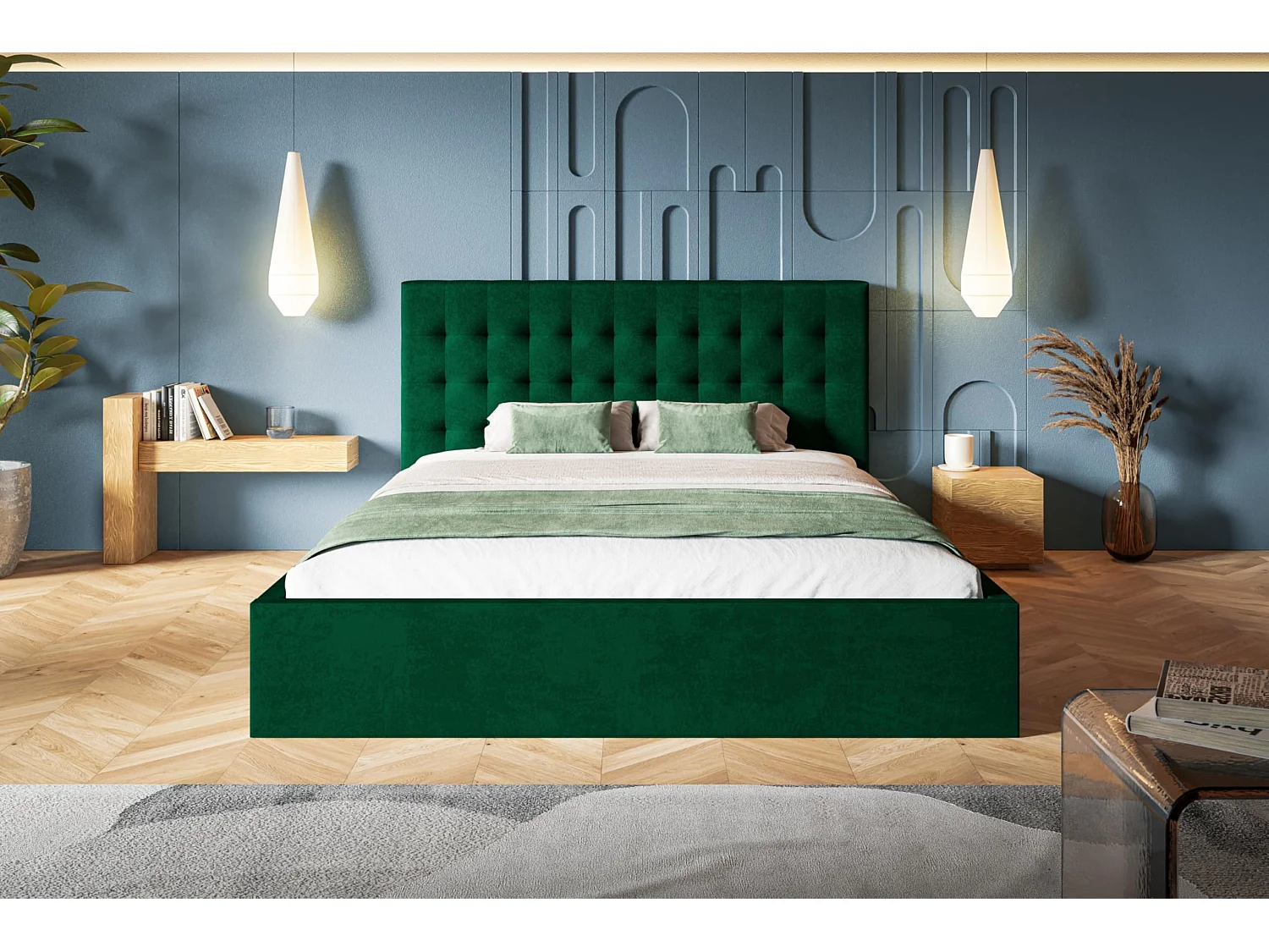Lit 120x200 - Lit Coffre de Rangement Moderne - Cadre en Bois - Tissu lisse kronos - Collection Rio, Vert