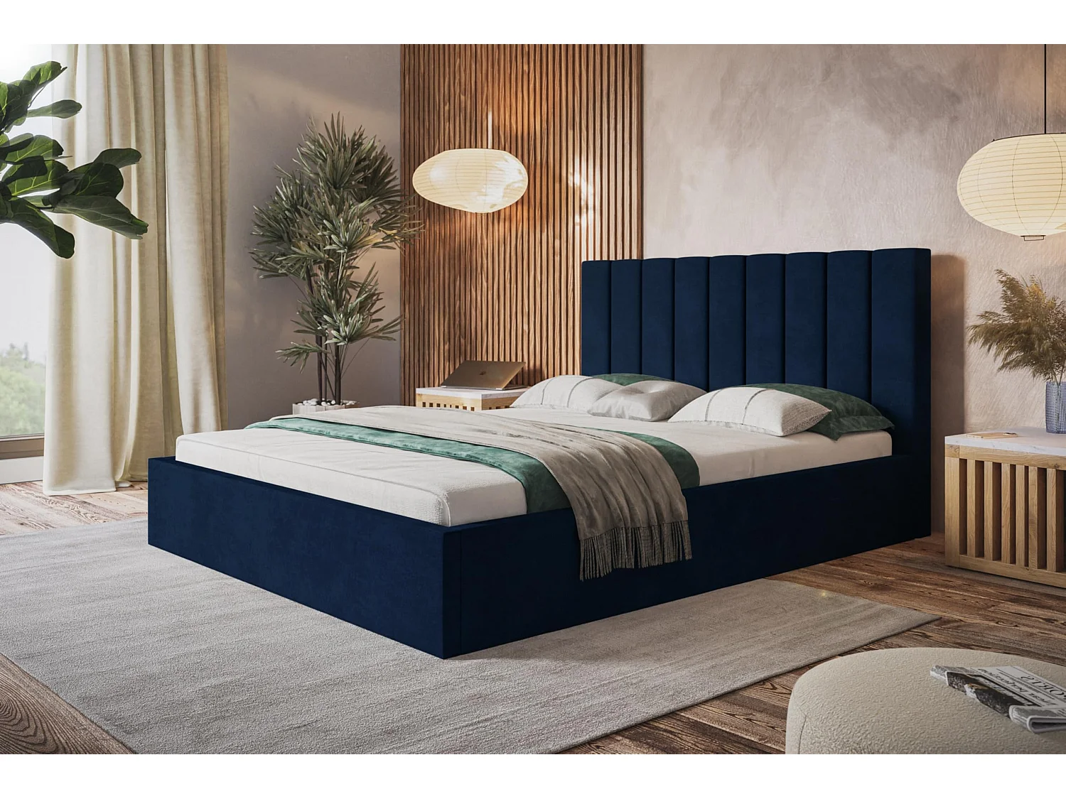 Lit 120x200 - Lit Coffre de Rangement Moderne - Cadre en Bois - Modern Betten Kronos Lisse -Collection Sapporo - Bleu