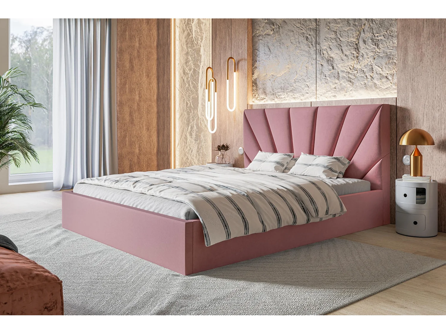 Lit 120x200 - Lit Coffre de Rangement Moderne - Cadre en Métal - Tissu Jasmin doux - Collection Denver, Rose