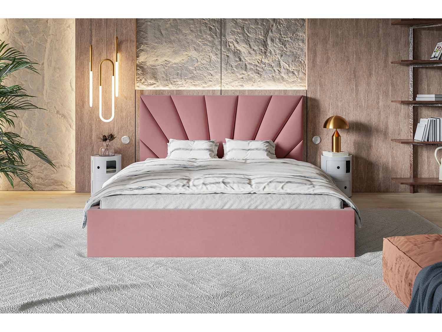 Lit 120x200 - Lit Coffre de Rangement Moderne - Cadre en Métal - Tissu Jasmin doux - Collection Denver, Rose