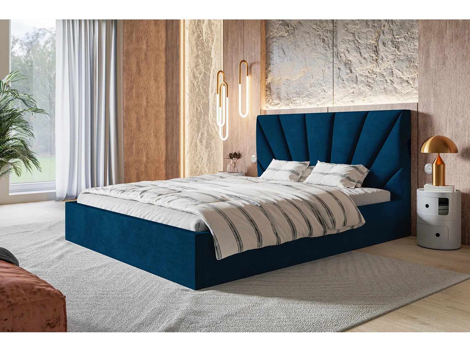 Lit 120x200 - Lit Coffre de Rangement Moderne - Cadre en Bois - Tissu lisse kronos - Collection Denver, Bleu