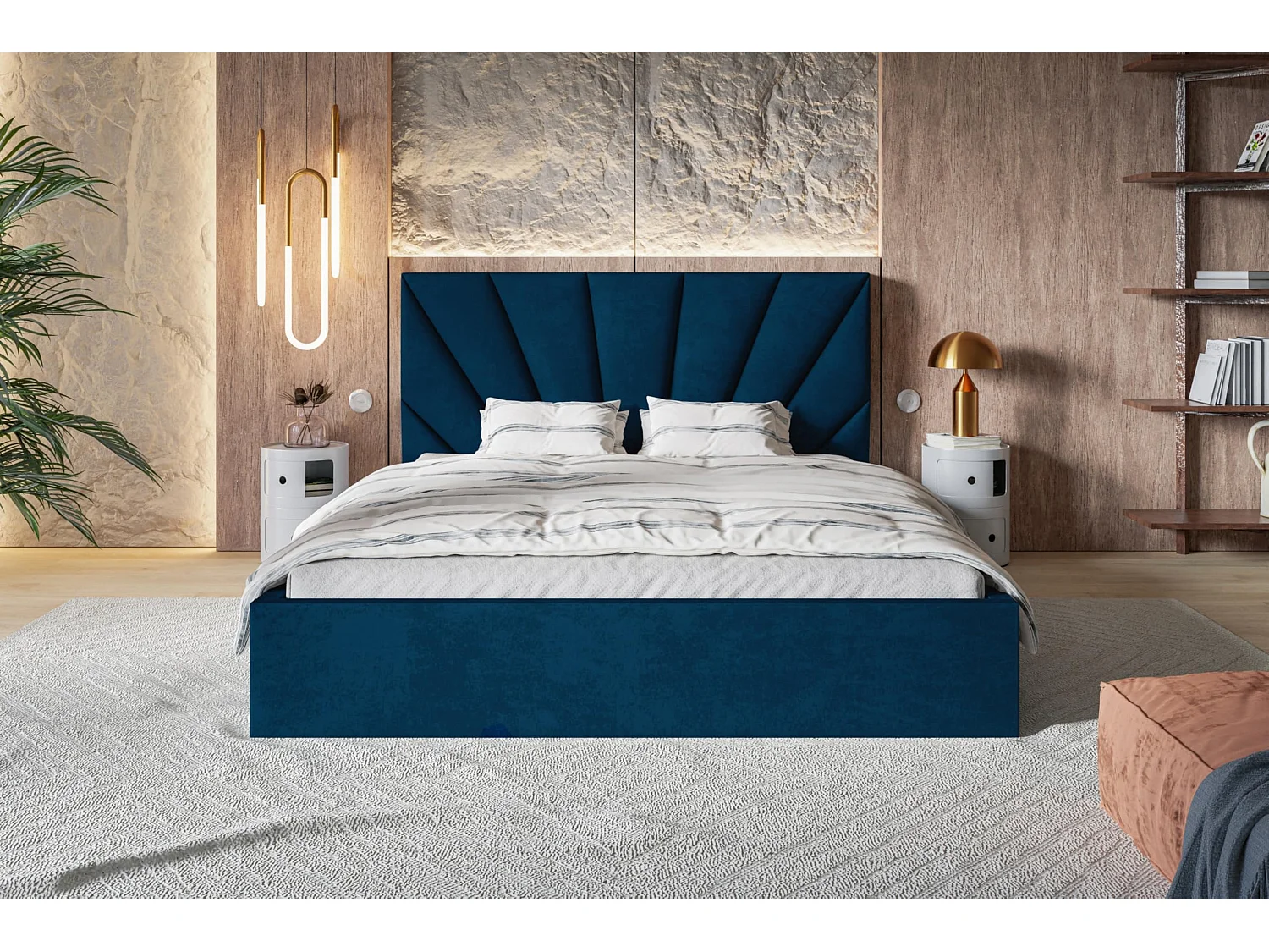 Lit 120x200 - Lit Coffre de Rangement Moderne - Cadre en Bois - Tissu lisse kronos - Collection Denver, Bleu