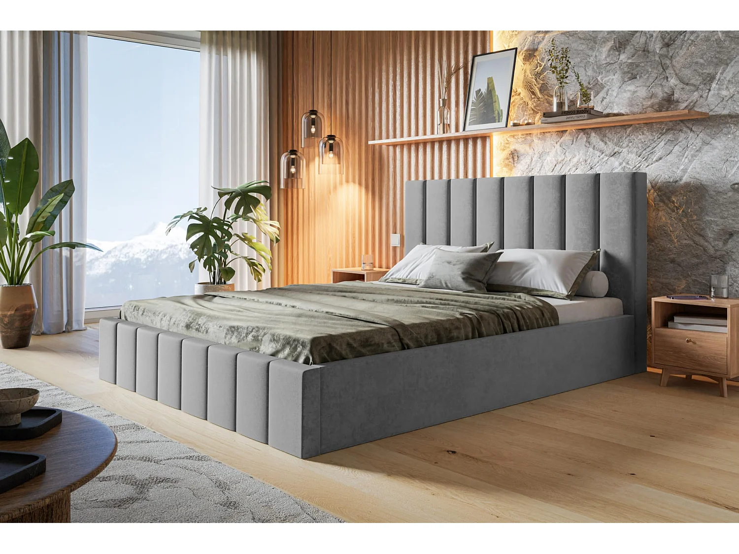 Lit 140x200 - Lit Coffre de Rangement Moderne - Cadre en Bois - Modern Betten Jasmin doux - Collection Toledo - Gris