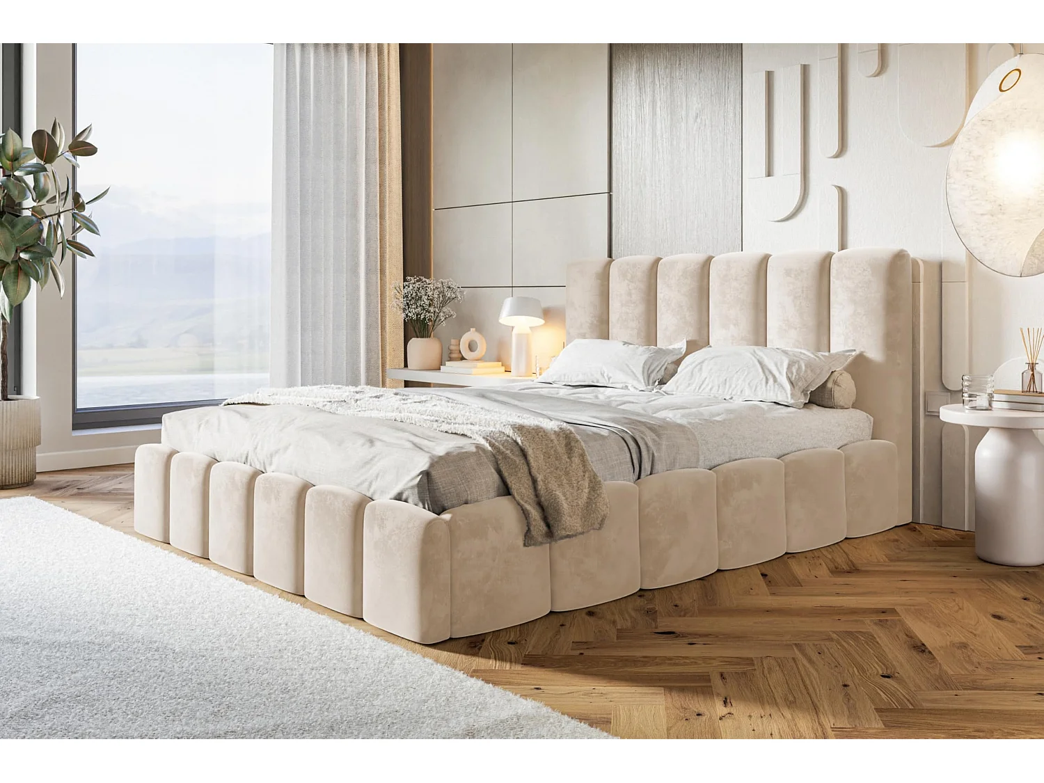 Lit 120x200 - Lit Coffre de Rangement Moderne - Cadre en Métal - Modern Betten Velours Amor -Collection Lucy - Beige