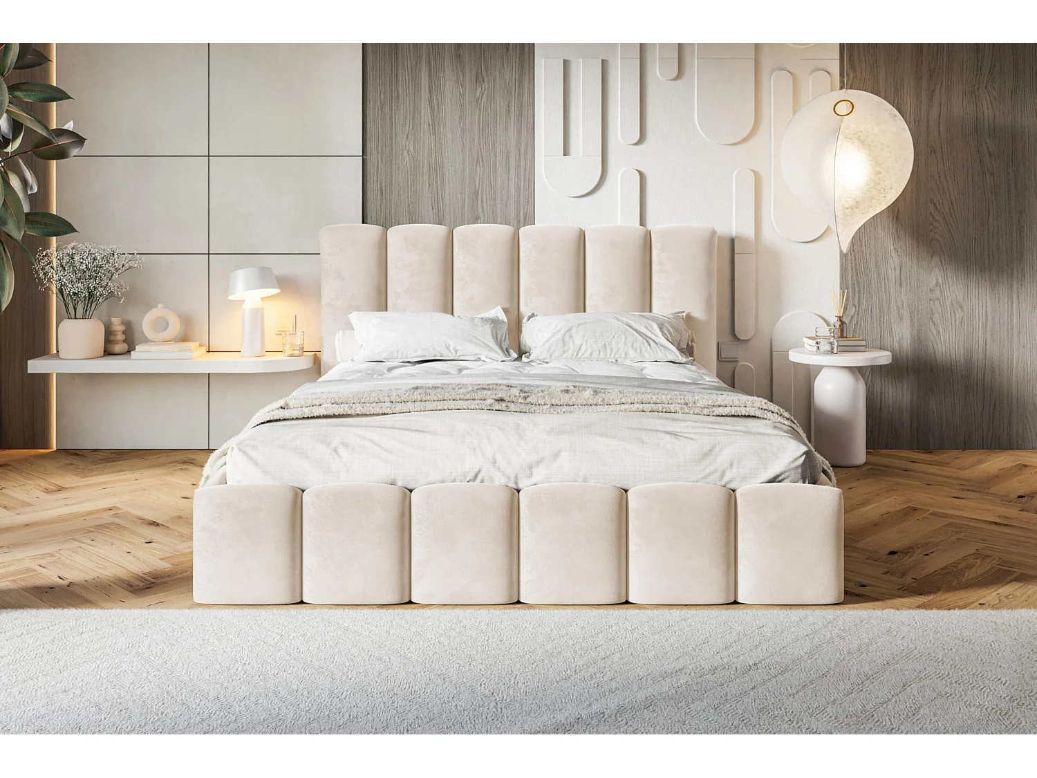 Lit 120x200 - Lit Coffre de Rangement Moderne - Cadre en Métal - Modern Betten Velours Amor -Collection Lucy - Beige