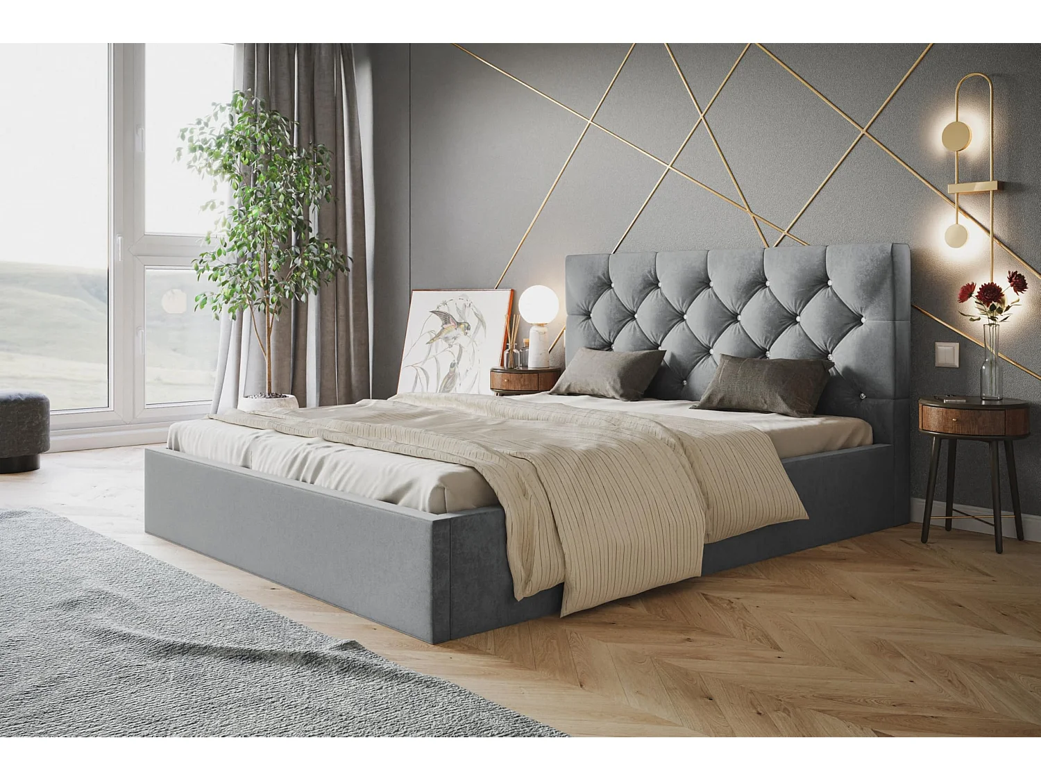 Lit 120x200 - Lit Coffre de Rangement Moderne - Cadre en Métal - Tissu Jasmin Doux - Collection Boston - Gris