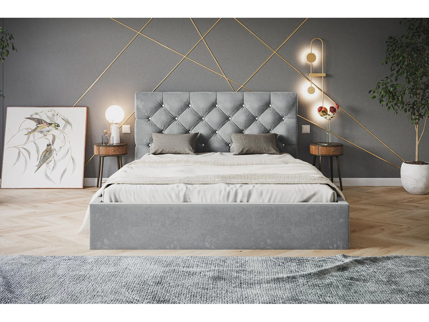 Lit 120x200 - Lit Coffre de Rangement Moderne - Cadre en Métal - Tissu Jasmin Doux - Collection Boston - Gris