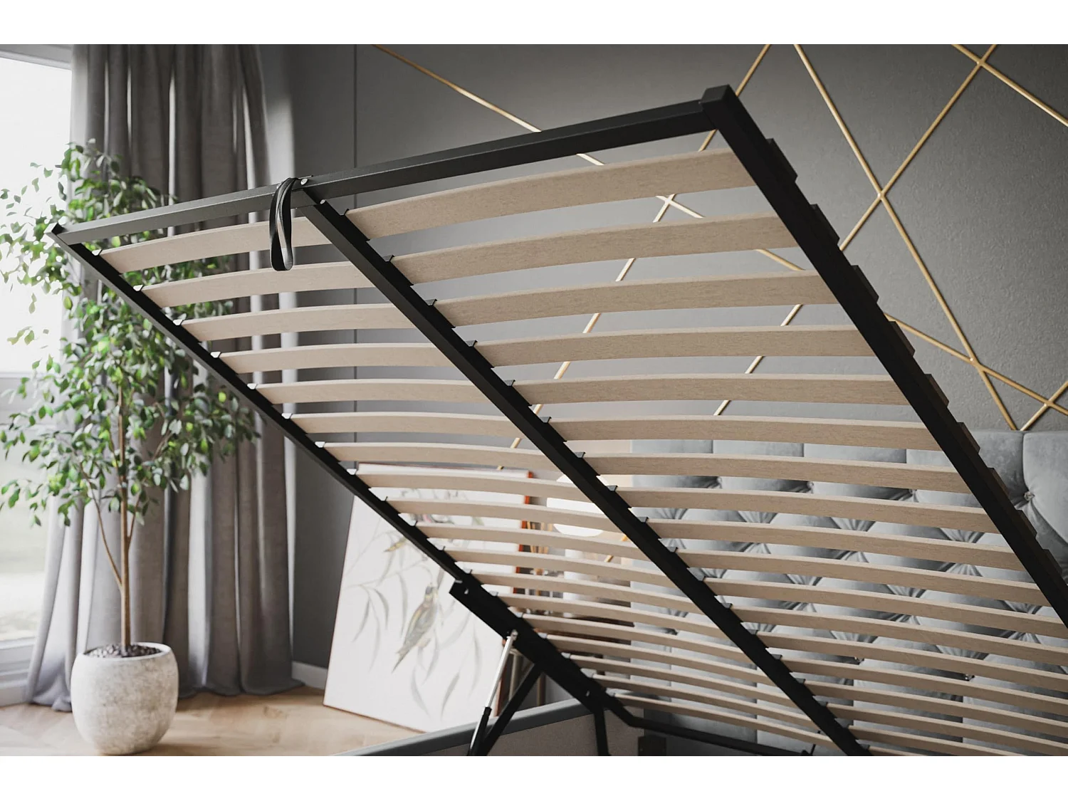 Lit 120x200 - Lit Coffre de Rangement Moderne - Cadre en Métal - Tissu Jasmin Doux - Collection Boston - Gris