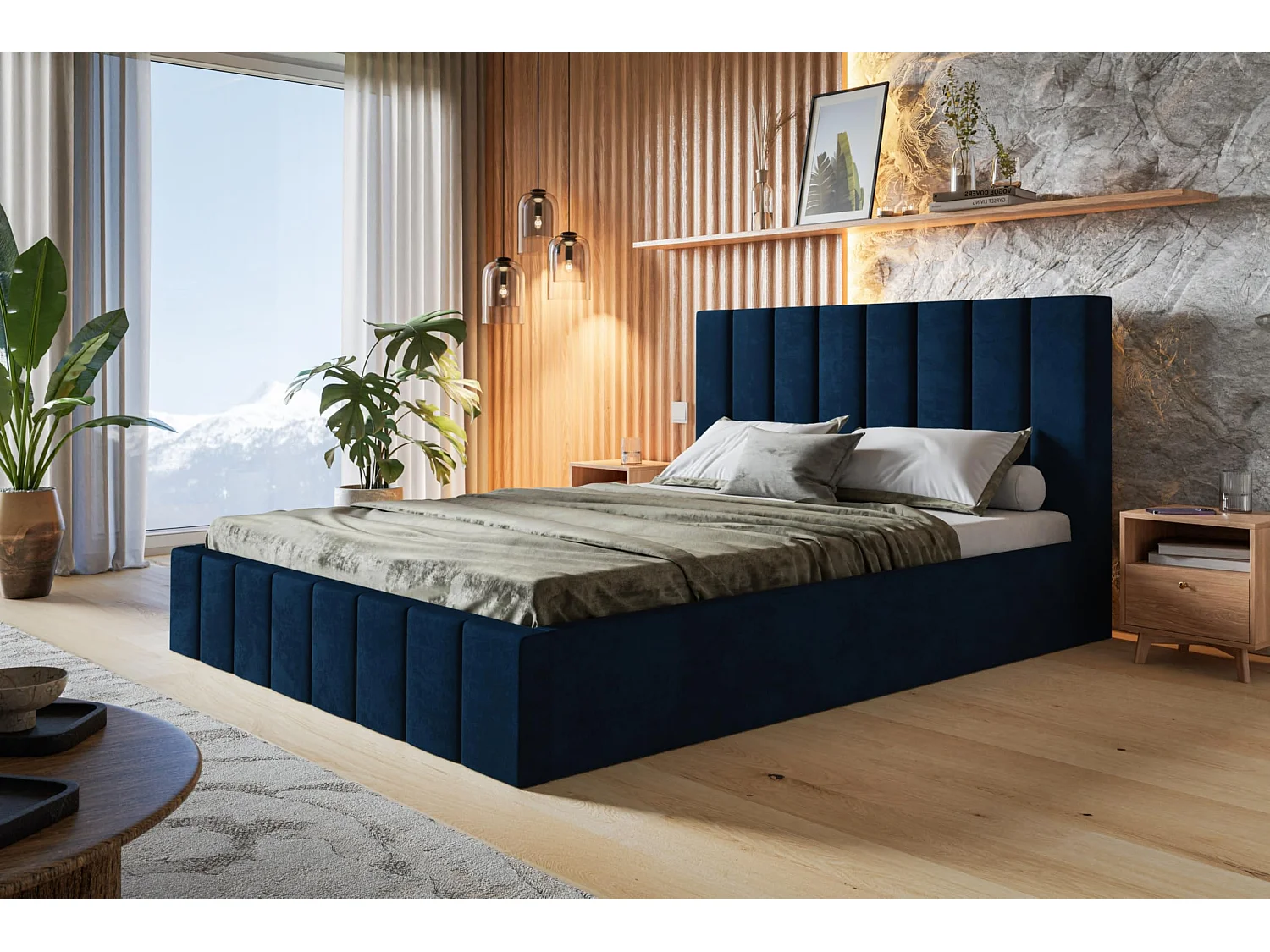 Lit 120x200 - Lit Coffre de Rangement Moderne - Cadre en Bois - Modern Betten Kronos Lisse -Collection Toledo - Bleu