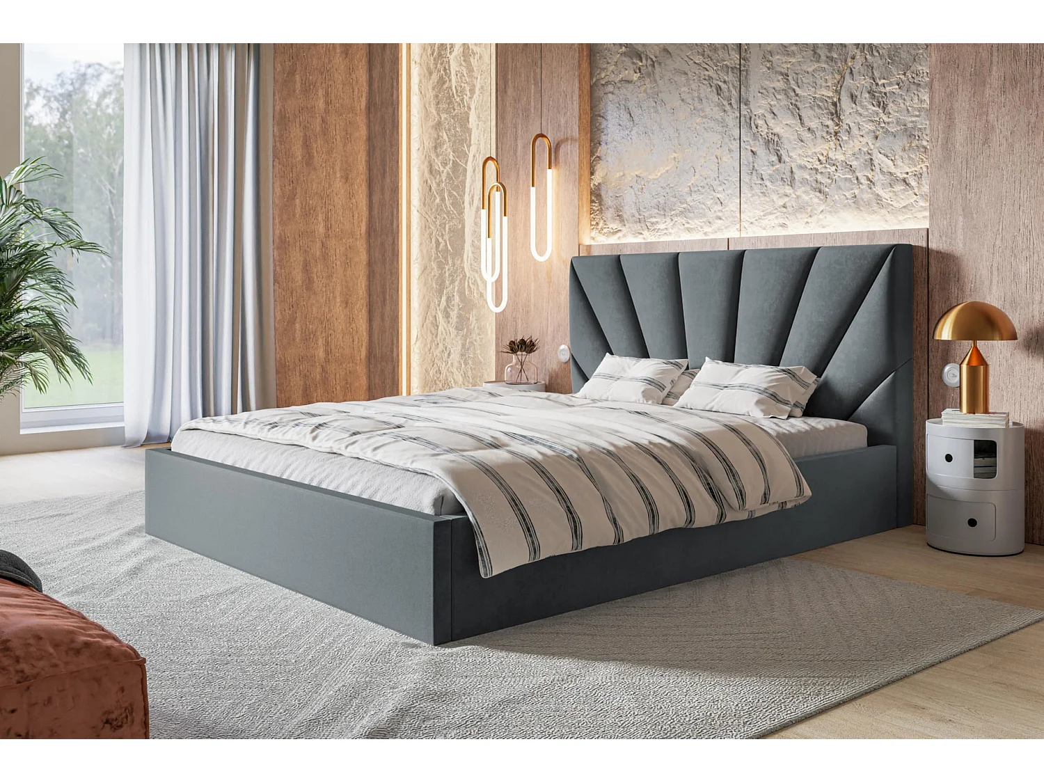 Lit 120x200 - Lit Coffre de Rangement Moderne - Cadre en Métal - Tissu lisse kronos - Collection Denver, Gris foncé