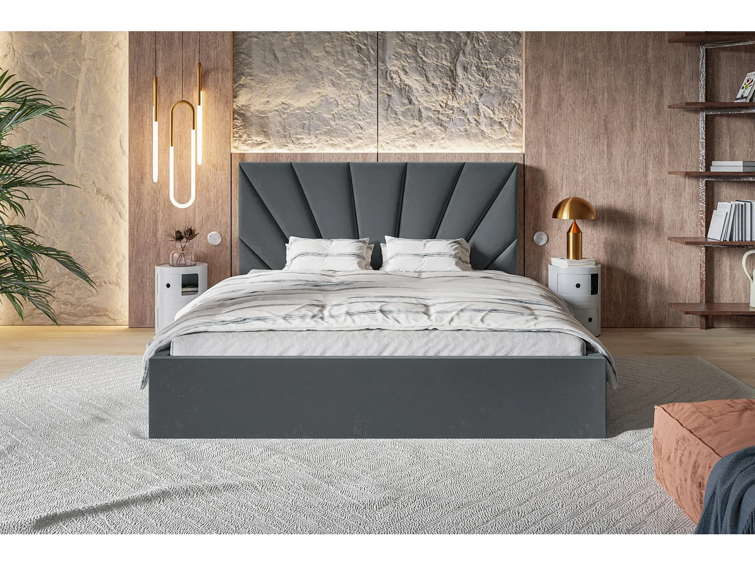 Lit 120x200 - Lit Coffre de Rangement Moderne - Cadre en Métal - Tissu lisse kronos - Collection Denver, Gris foncé