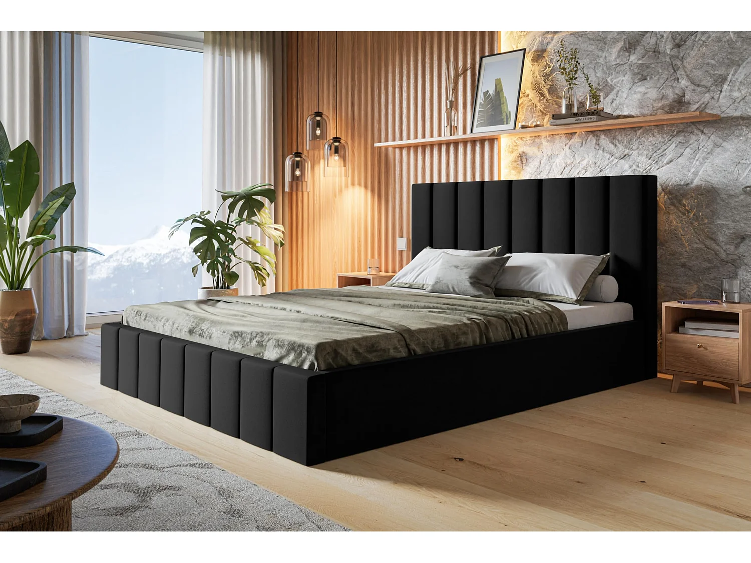 Lit 120x200 - Lit Coffre de Rangement Moderne - Cadre en Bois - Modern Betten Jasmin doux - Collection Toledo - Noir