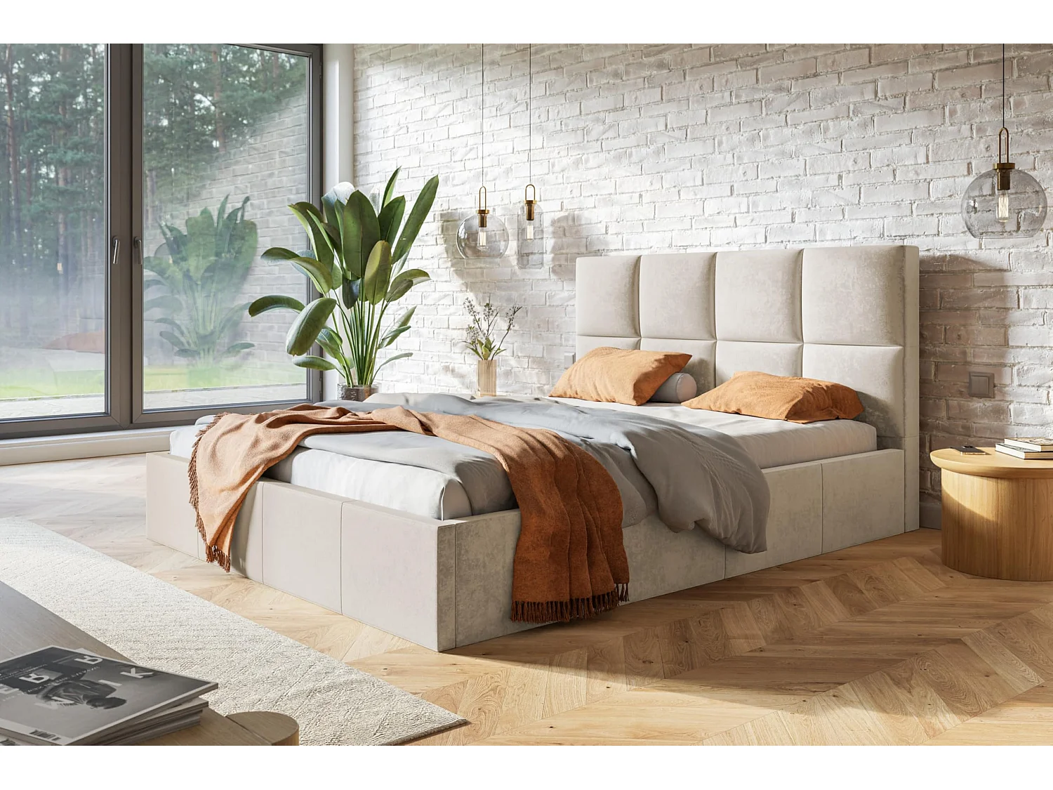 Lit 120x200 - Lit Coffre de Rangement Moderne - Cadre en Métal - Tissu Jasmin doux - Collection Roma, Beige