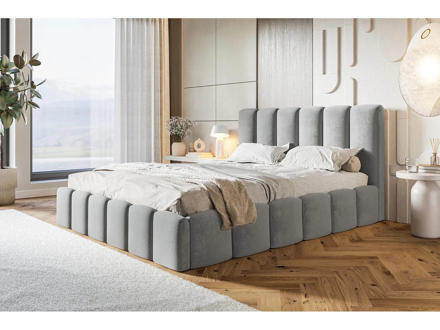 Lit 140x200 - Lit Coffre de Rangement Moderne - Cadre en Bois - Modern Betten Jasmin doux - Collection Lucy - Gris