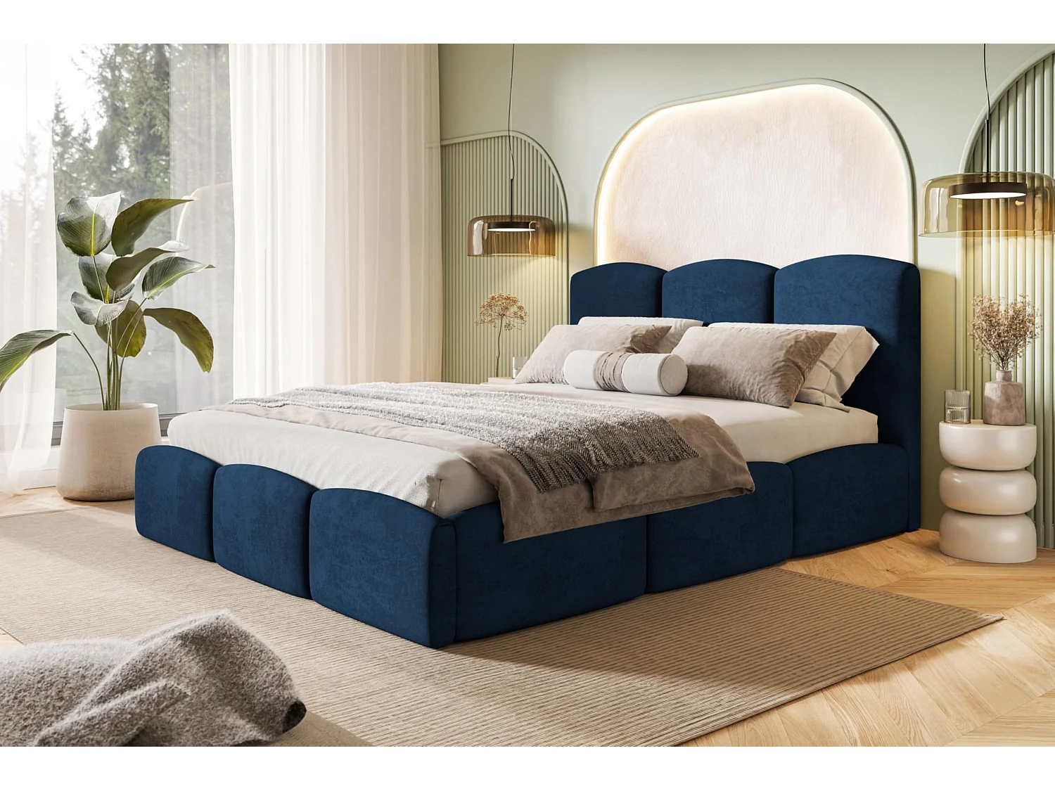 Lit 120x200 - Lit Coffre de Rangement Moderne - Cadre en Métal - Tissu Kronos Lisse - Collection Zoya - Bleu