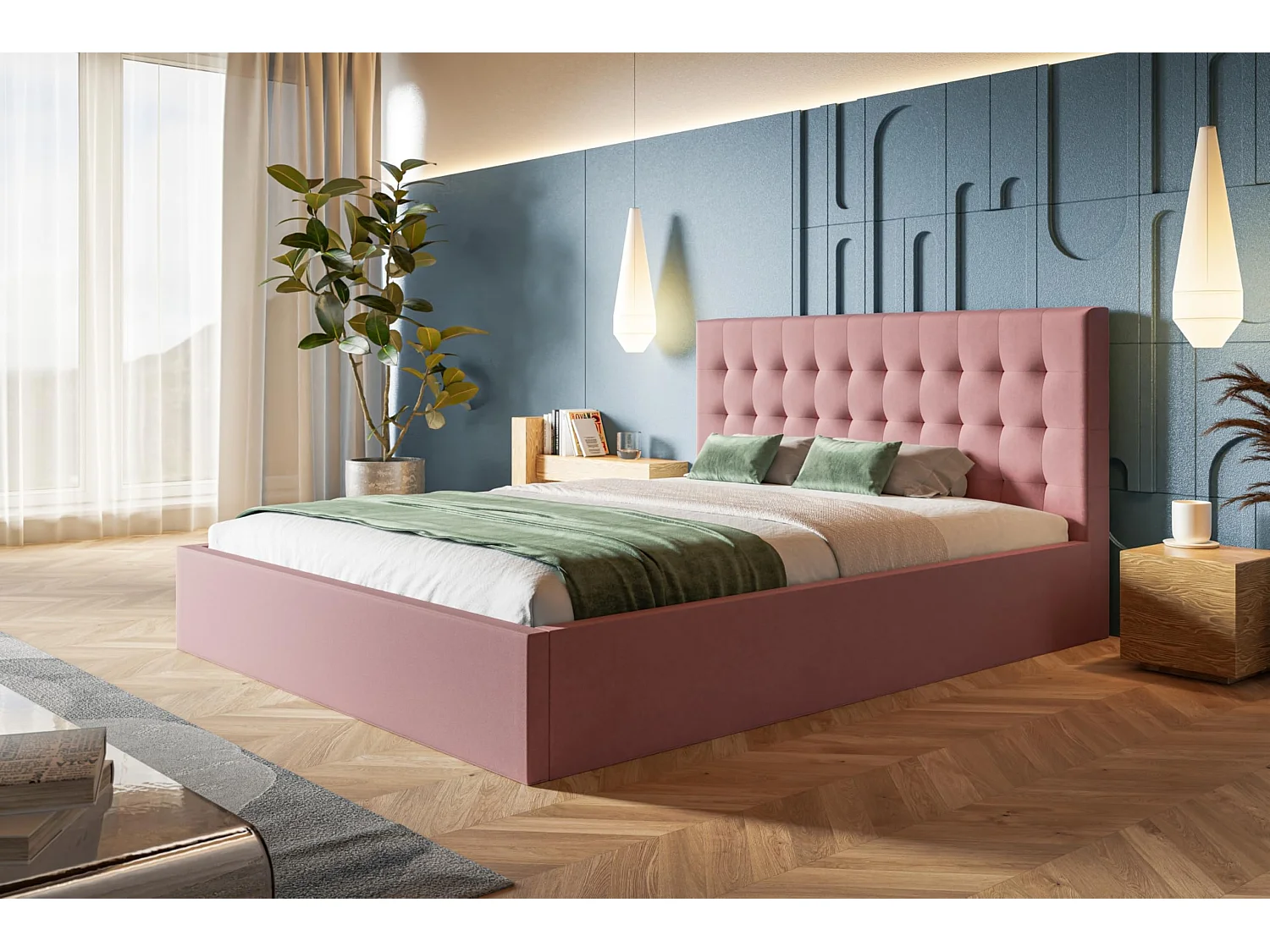 Lit 120x200 - Lit Coffre de Rangement Moderne - Cadre en Métal - Tissu Jasmin doux - Collection Rio, Rose