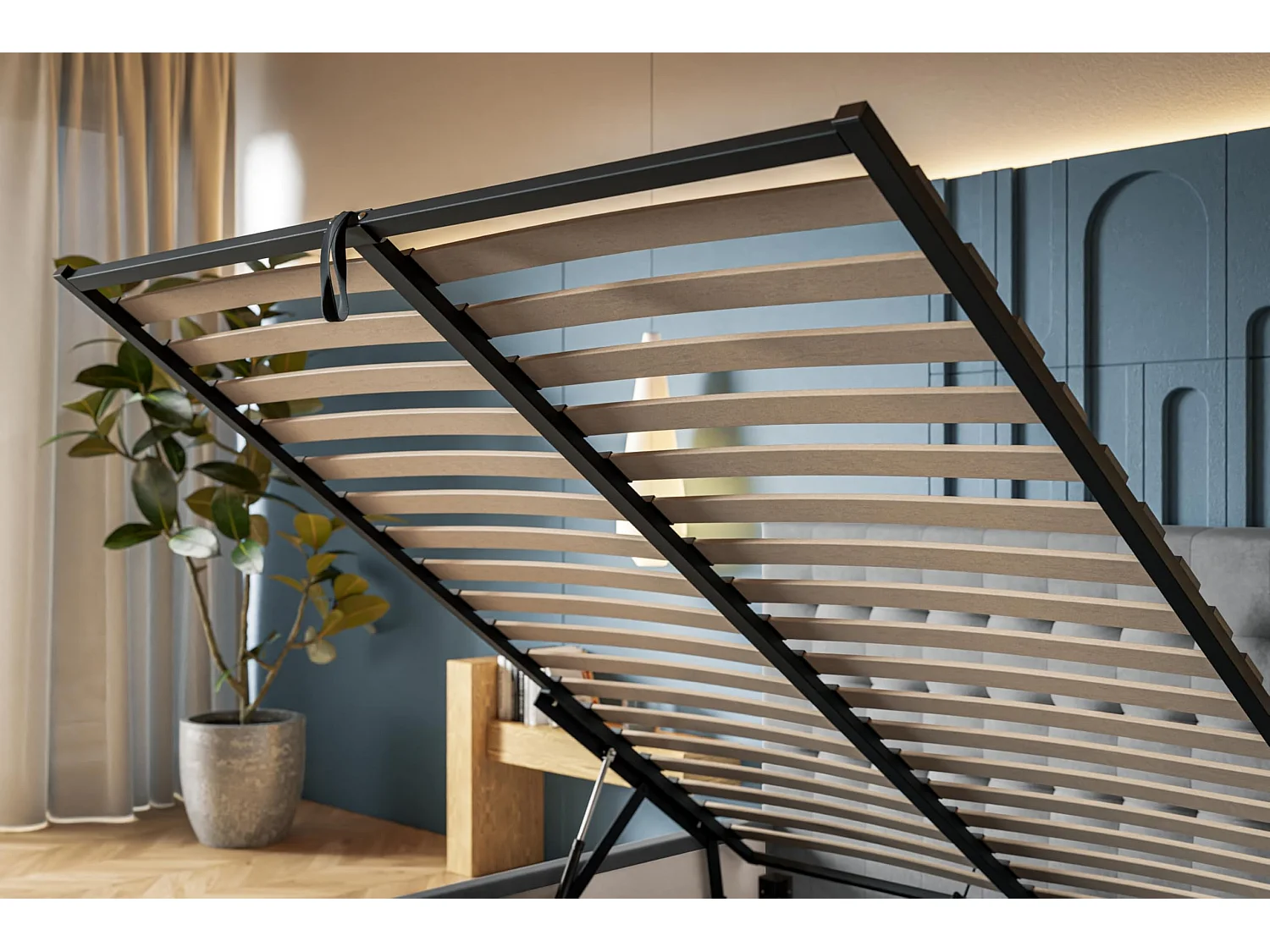 Lit 120x200 - Lit Coffre de Rangement Moderne - Cadre en Métal - Tissu Jasmin doux - Collection Rio, Rose